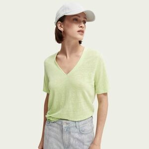 Scotch & Soda Linen V-Neck Short Sleeve T-Shirt Lime Green Women’s Small Simple